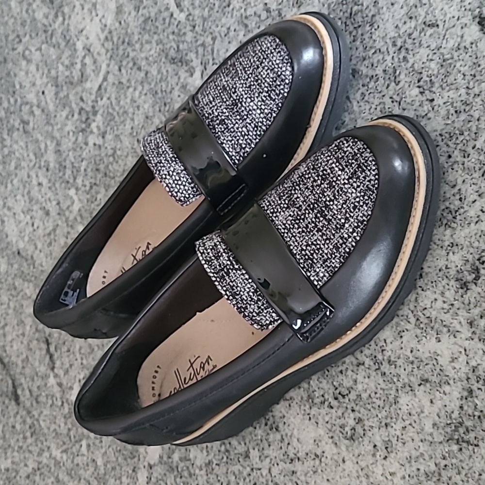 Collections by Clark Raisie Arlie Black Leather and Tweed Loafers Women's Size 5